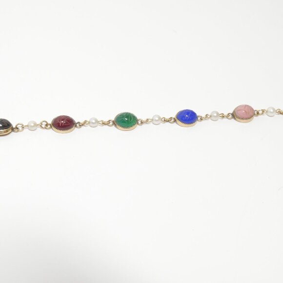 Scarab Bracelet 1/20 12KGF 12 kt Gold Filled Carved Semi Precious Stones Vintage - Picture 4 of 8
